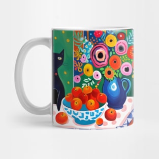 Black Cat with Gift of Fruit and Flowers Still Life Painting Mug